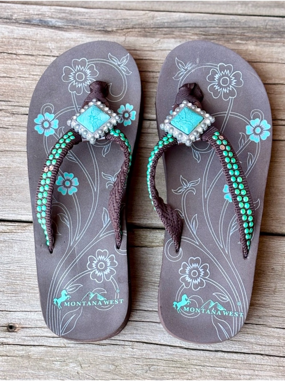 Montana West Black Turquoise Rhinestone Wedge Thong Flip Flops Sandals Sz 7 - Picture 3 of 7